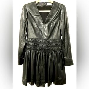 Milly Black Faux Leather Long-Sleeve Dress Smocked Waist Small